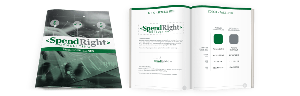 Brand guidelines for SpendRight Consulting. Cover page with the logo and a background that looks financial and techy. Second image is the book open to the logo rules and colors in the logo.