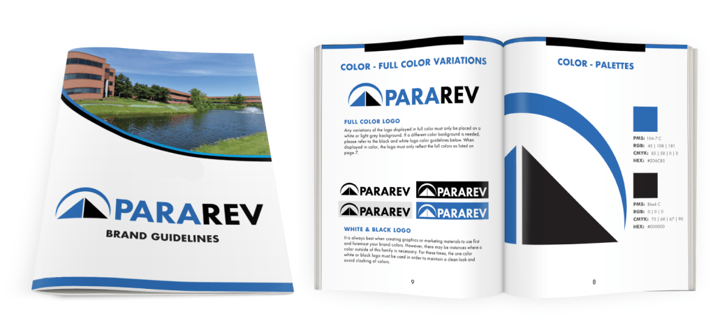 Brand guidelines for ParaRev. First image is the cover with a photo of the building the company resides in. The second is opened to the logo page with the rules of use and the second describing the colors used in the logo.
