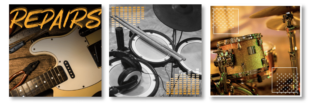 Three social graphics in gray scale or monochrome yellow. First is a broken guitar with the text repairs. Second is an electric drum kit with sound bar graphics on top. Third is a yellow metallic drum kit with square graphics in the top left and bottom right corners.