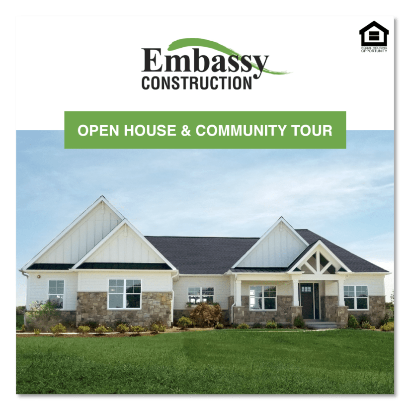 Embassy Construction Open House and Community Tour Facebook Ad. Equal Housing Opportunity.
Features a photo of a ranch style house.
